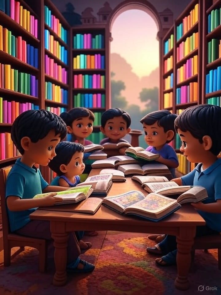 ग्रंथालयात मुले ग्रंथ वाचतांना